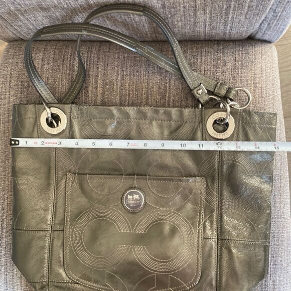 Coach Women’s Patent Leather Gray Stitched Monogram Top Zip Shoulder Handbag - Picture 7 of 16